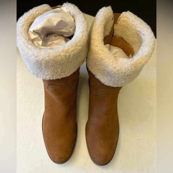 G.H. Bass Aria fold down ankle tan boots suede/leather & sherpa trim Sz-10M. L - Picture 14 of 14